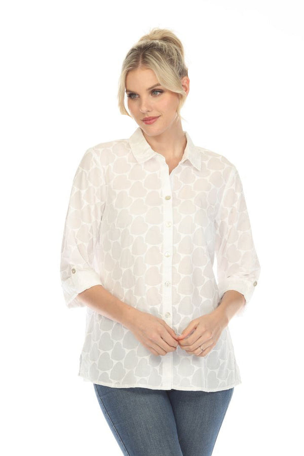 Hearts Embossed Button-Front Shirt in White - 15617-WT