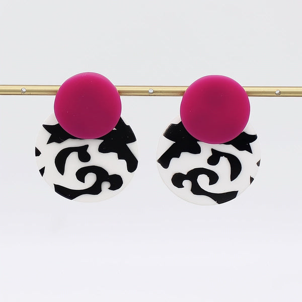Fuchsia, Black and White Lola Statement Earrings