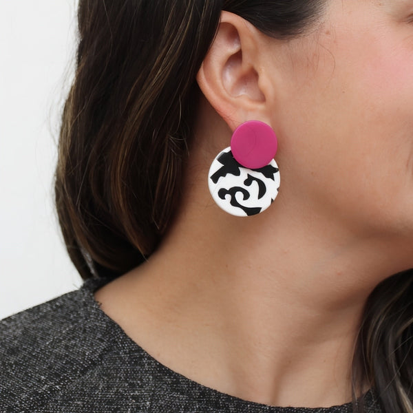 Fuchsia, Black and White Lola Statement Earrings