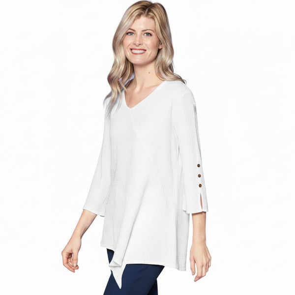 Asymmetric V-Neck Waffle Tunic in White - LW102-WHT