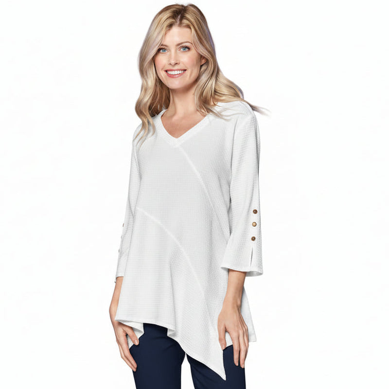 Asymmetric V-Neck Waffle Tunic in White - LW102-WHT