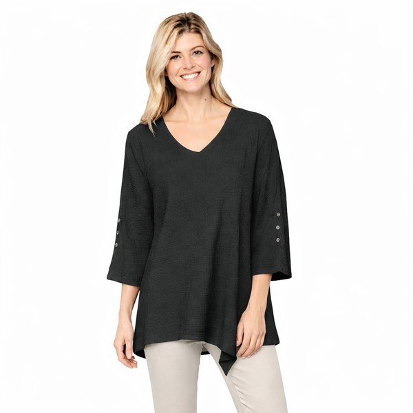 Asymmetric V-Neck Waffle Tunic in Black - LW102-BK