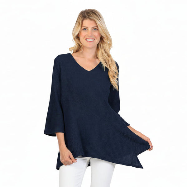 Asymmetric V-Neck Waffle Tunic in Navy Blue - LW102-NVY