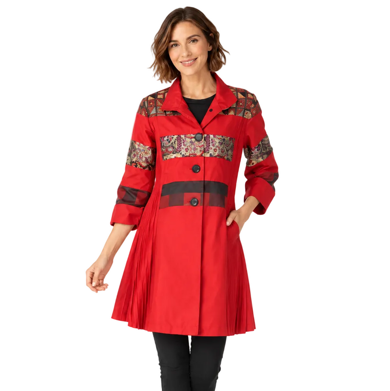 Mixed-Media Pleated Tunic Dress in RED - C2648-2