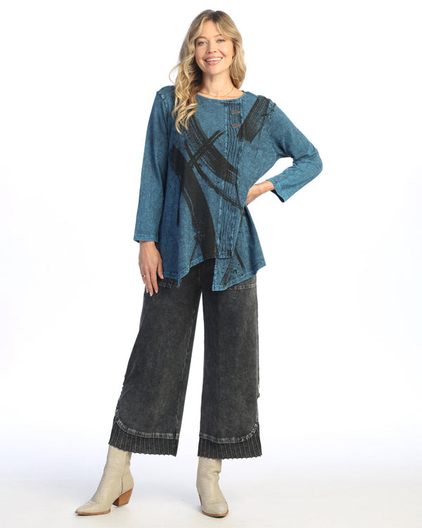 "Drama" Mineral Washed Faux Wrap with Wavy Contrast Tunic Top - M122-2027