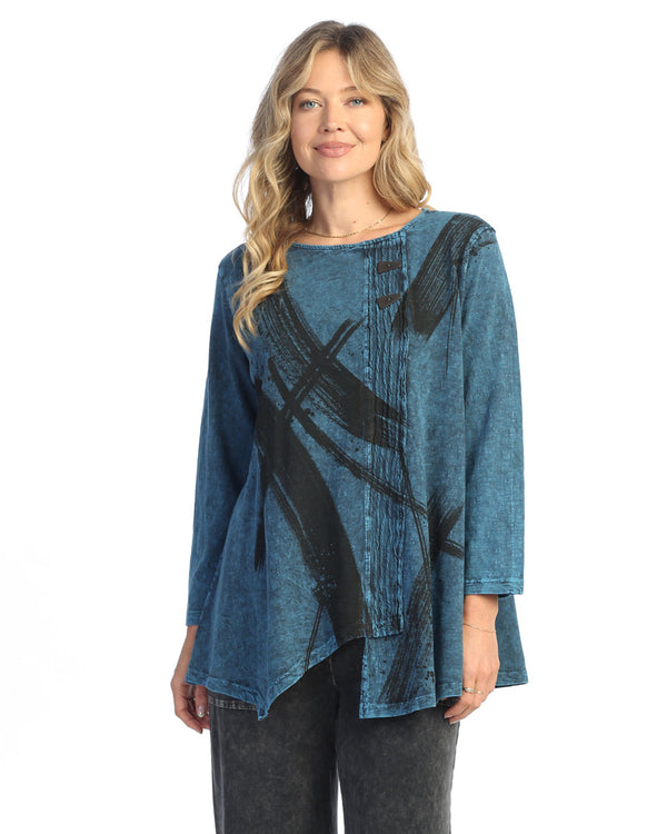 "Drama" Mineral Washed Faux Wrap with Wavy Contrast Tunic Top - M122-2027