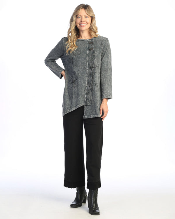 Jess & Jane "Sketch" Mineral Washed Faux Wrap with Wavy Contrast Tunic Top - M122-2033