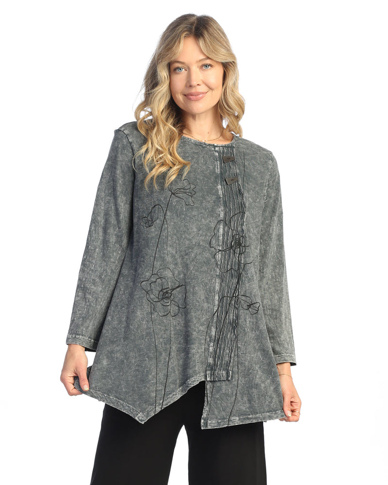 "Sketch" Mineral Washed Faux Wrap with Wavy Contrast Tunic Top - M122-2033