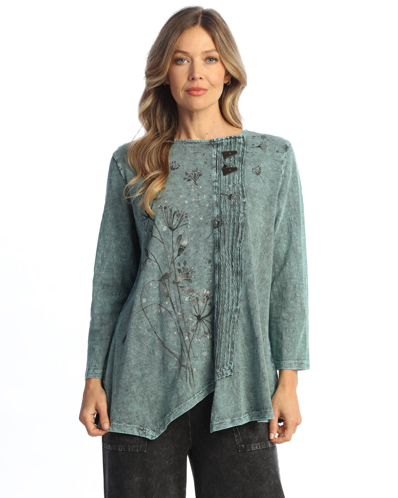 "Wish" Mineral Washed Faux Wrap with Wavy Contrast Tunic Top - M122-2166