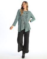 "Wish" Mineral Washed Faux Wrap with Wavy Contrast Tunic Top - M122-2166