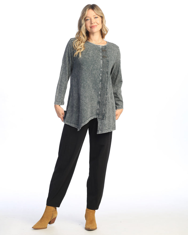 Jess & Jane Mineral Washed Faux Wrap with Wavy Contrast Tunic Top - M122