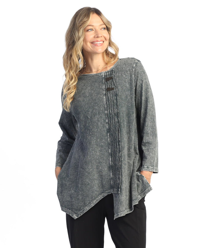 Jess & Jane Mineral Washed Faux Wrap with Wavy Contrast Tunic Top - M122