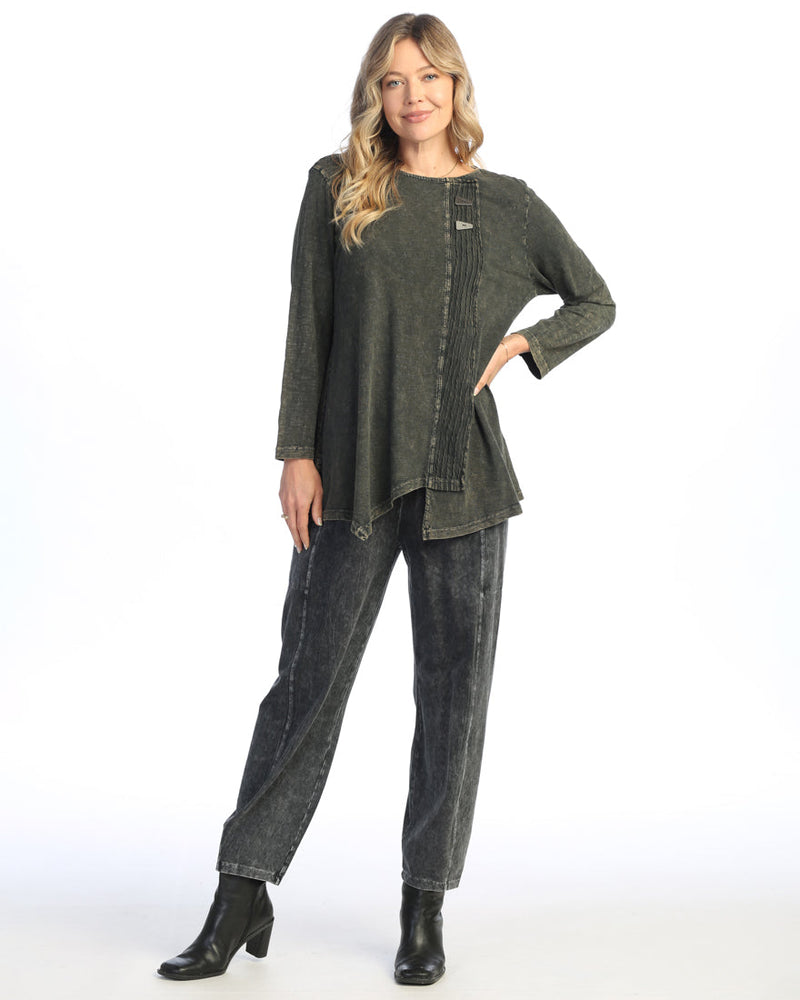 Jess & Jane Mineral Washed Faux Wrap with Wavy Contrast Tunic Top - M122