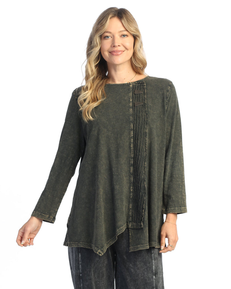 Jess & Jane Mineral Washed Faux Wrap with Wavy Contrast Tunic Top - M122