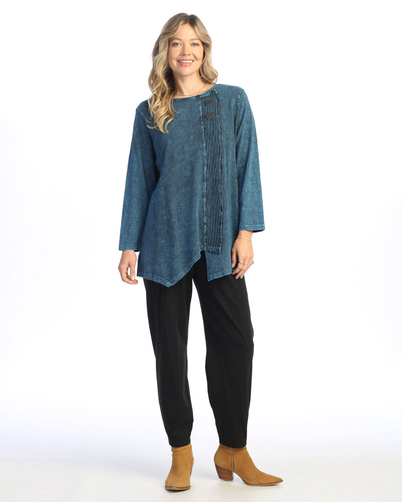 Jess & Jane Mineral Washed Faux Wrap with Wavy Contrast Tunic Top - M122