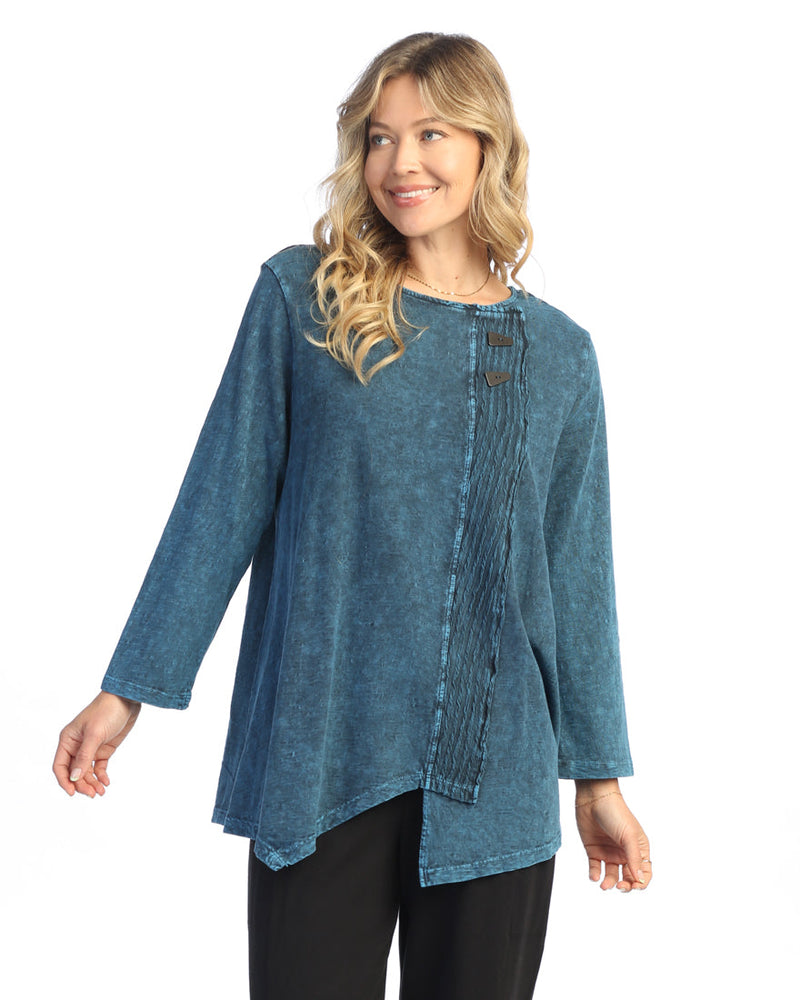 Jess & Jane Mineral Washed Faux Wrap with Wavy Contrast Tunic Top - M122