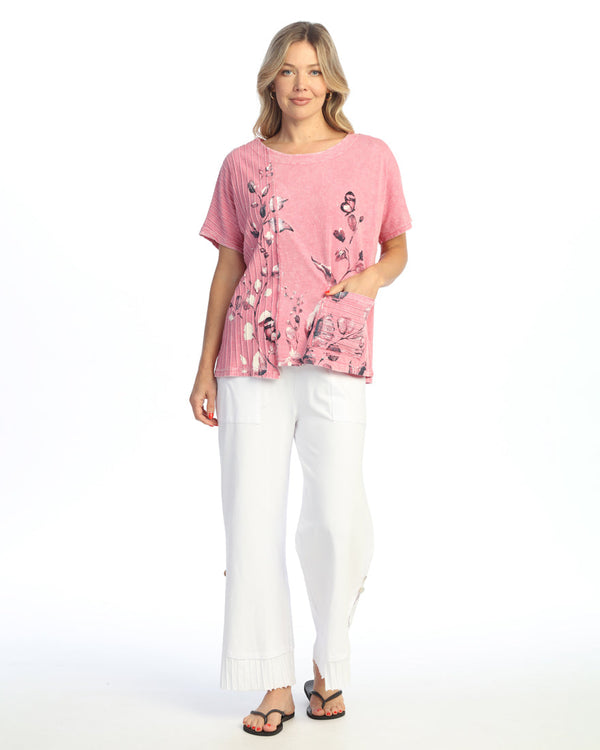 "Botanica" Mineral Washed Short Sleeve w/ Fat Rib Contrast and Pocket Tunic Top - M124-2096