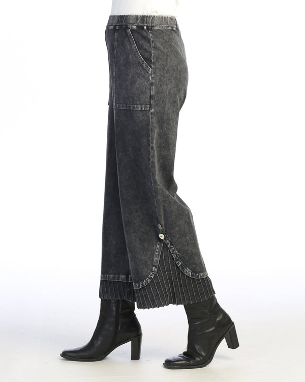 Jess & Jane Mineral Washed Wide Leg Pant w/ Rib Contrast and Button Accent- M125