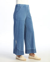 Mineral Washed Wide Leg Pant w/ Rib Contrast and Button Accent- M125