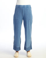 Mineral Washed Wide Leg Pant w/ Rib Contrast and Button Accent- M125