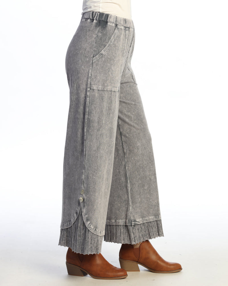 Mineral Washed Wide Leg Pant w/ Rib Contrast & Button Accent- M125