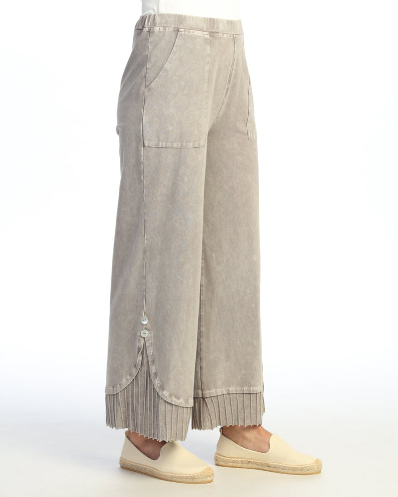 Mineral Washed Wide Leg Pant w/ Rib Contrast and Button Accent- M125