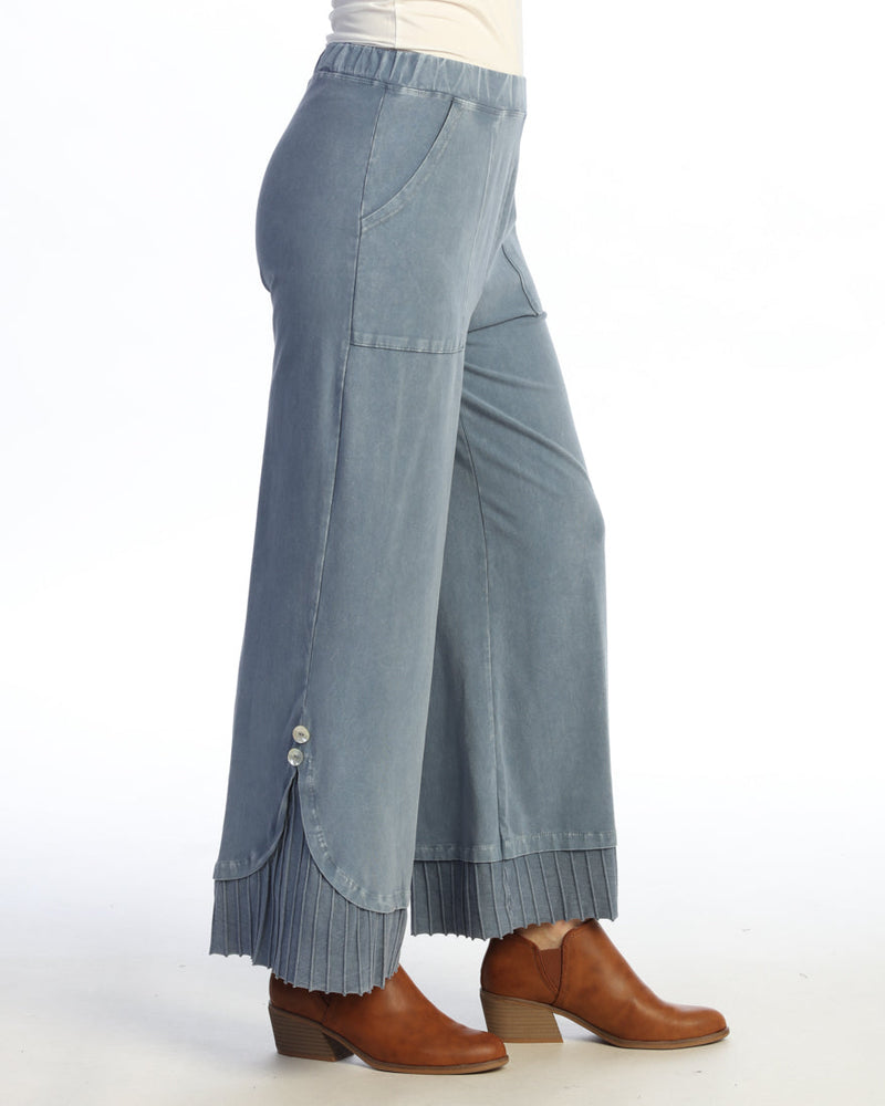 Mineral Washed Wide Leg Pant w/ Rib Contrast & Button Accent- M125
