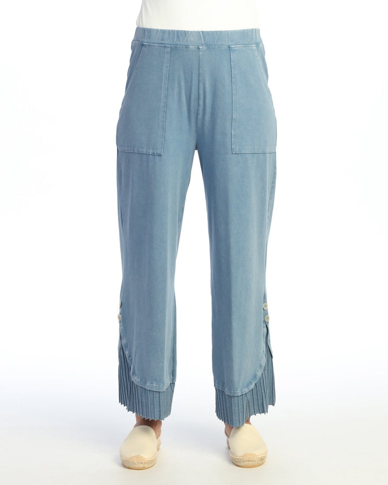 Mineral Washed Wide Leg Pant w/ Rib Contrast and Button Accent- M125