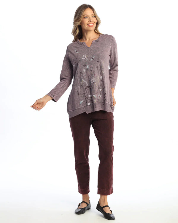 Mineral Washed V-Neck Tunic w/ Asymmetric Ribbed Hem - M133