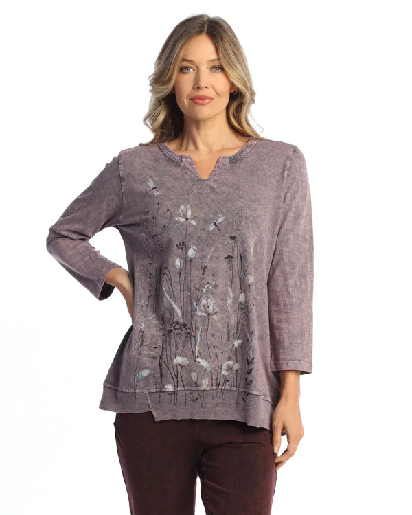 Mineral Washed V-Neck Tunic w/ Asymmetric Ribbed Hem - M133