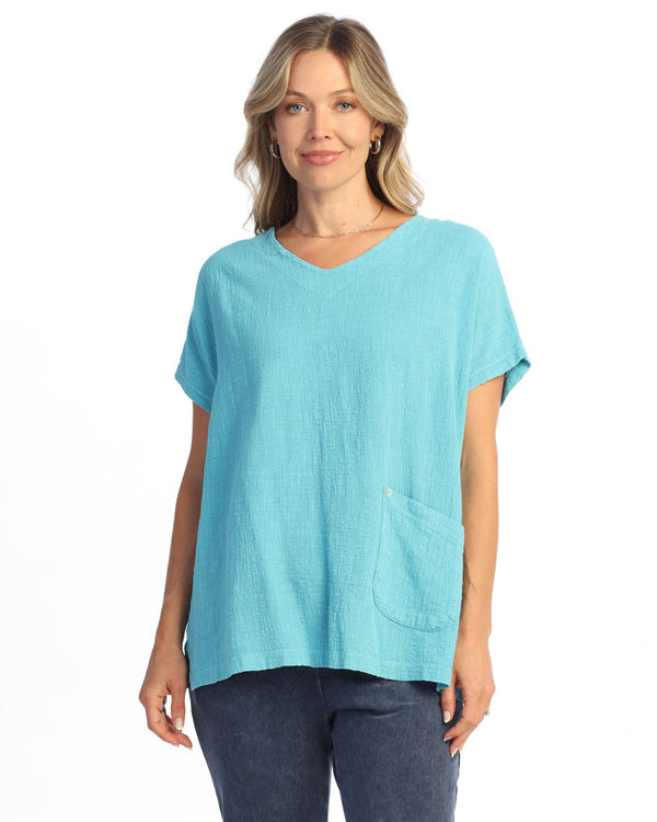 Mineral Washed Cotton Gauze V-Neck Top with Patch Pocket and Buttons - M135