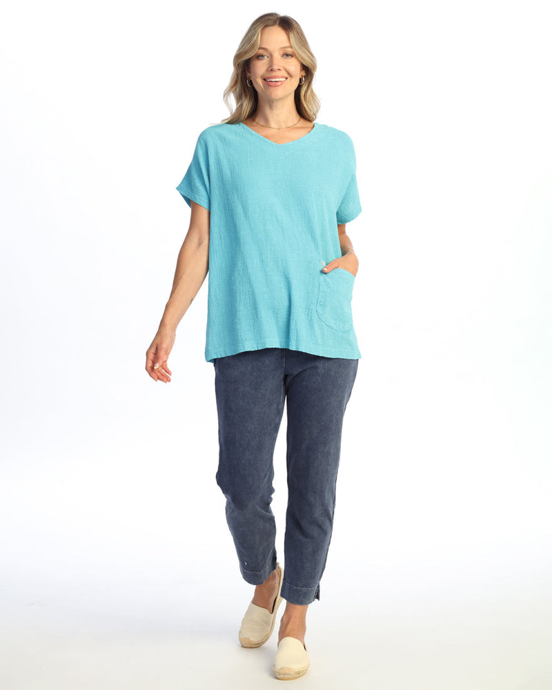 Mineral Washed Cotton Gauze V-Neck Top with Patch Pocket and Buttons - M135