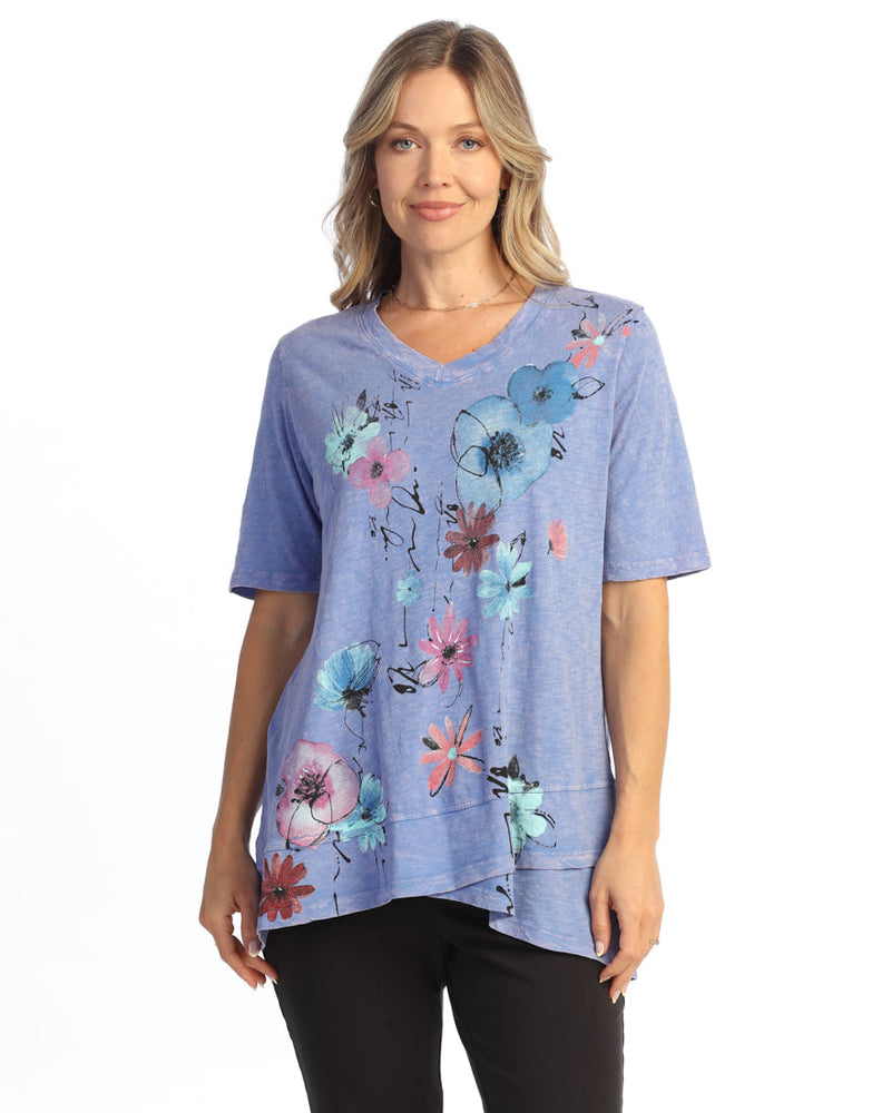 Mineral Washed Cotton V-Neck Top with 1/2 Sleeves - M136