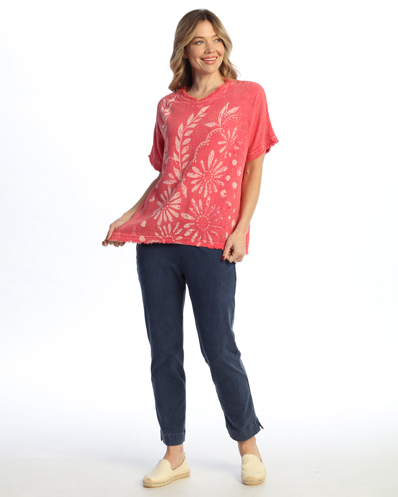 Short - Sleeve Gauze Top W/ Soft Fringe Accents - M92-