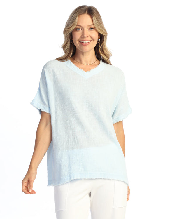 Short - Sleeve Gauze Top W/ Soft Fringe Accents - M92-