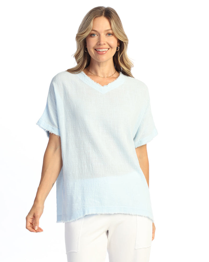 Short - Sleeve Gauze Top W/ Soft Fringe Accents - M92-