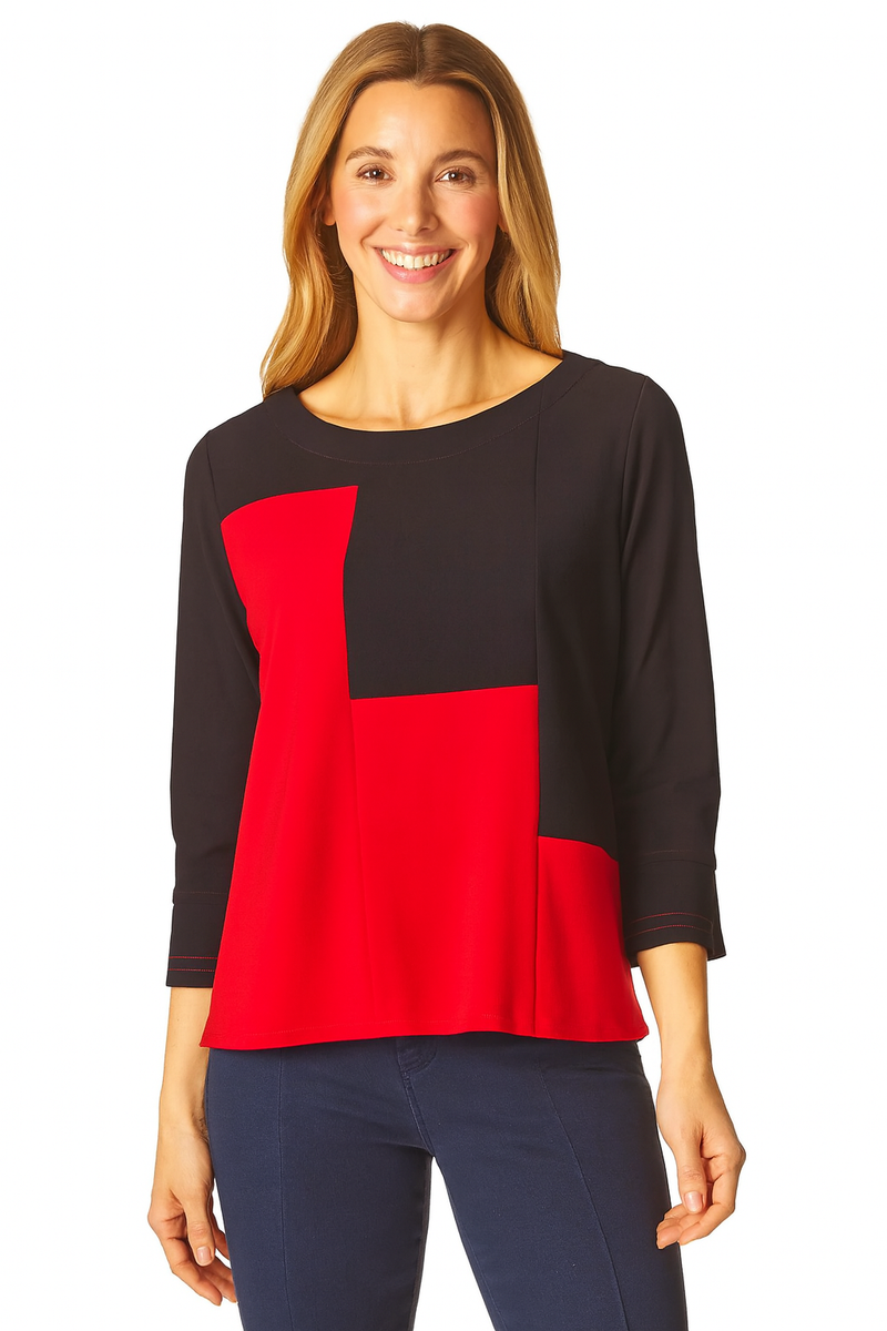 Textured Colorblock Top in Red & Black- 3252