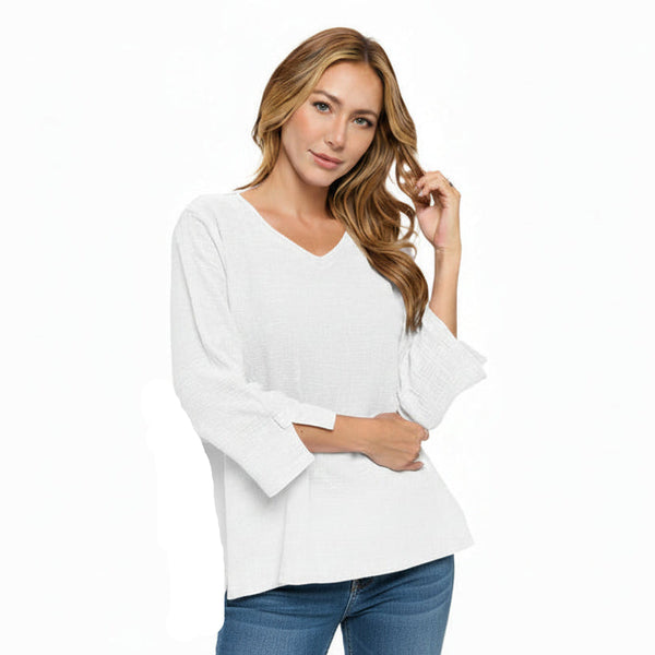 Textured V-Neck Cotton Top in White - NS110-WHT
