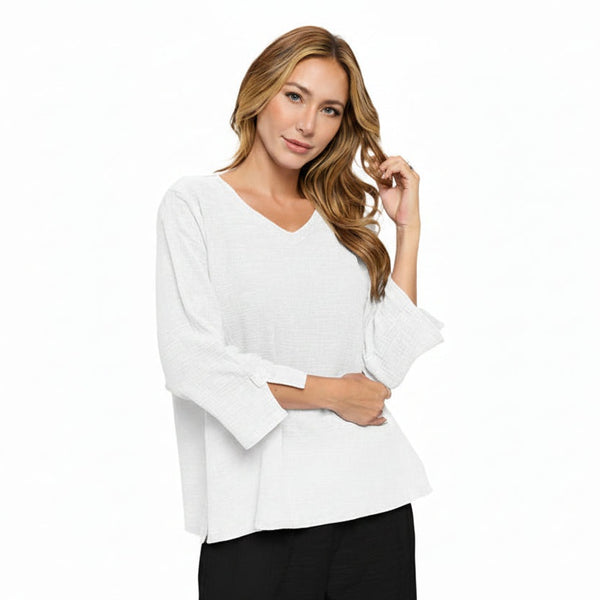 Textured V-Neck Cotton Top in White - NS110-WHT
