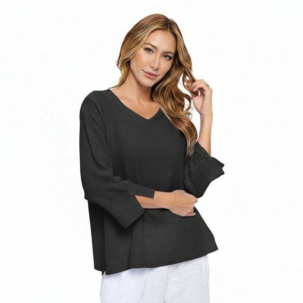 Textured V-Neck Cotton Top in Black - NS110-BLK