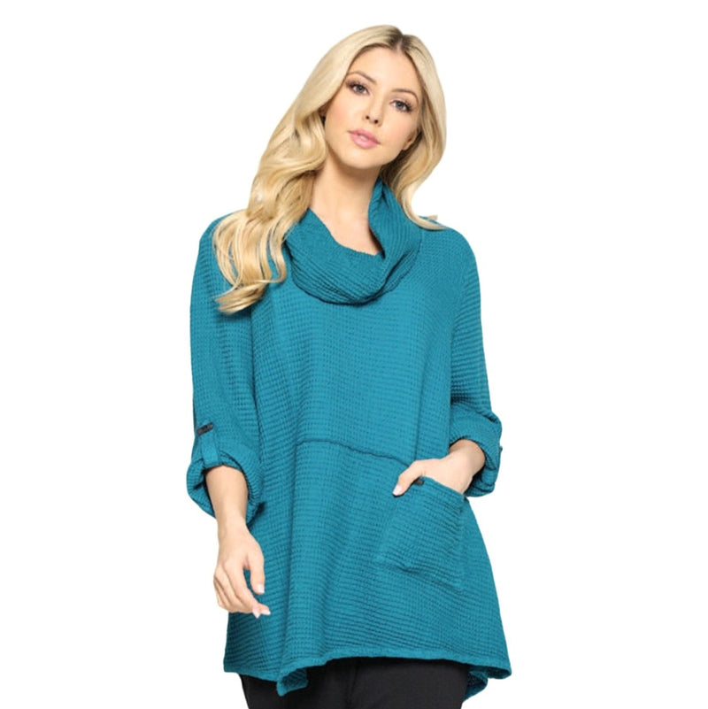 Focus Waffle Cowl-Neck Tunic in Ocean - FW-124-OCN