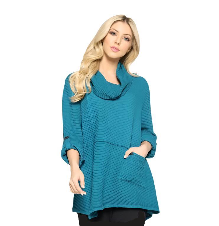 Focus Waffle Cowl-Neck Tunic in Ocean - FW-124-OCN