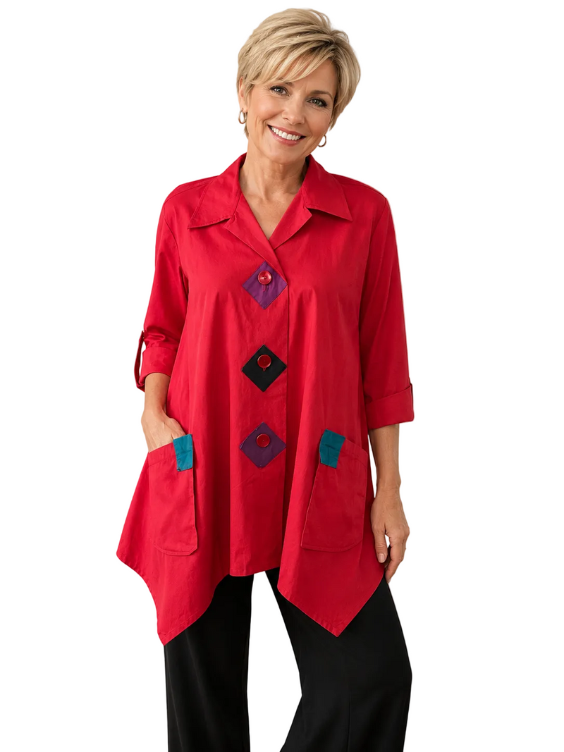 Decorative Patch Accent Big Shirt in Cherry Red -PS1062-RD
