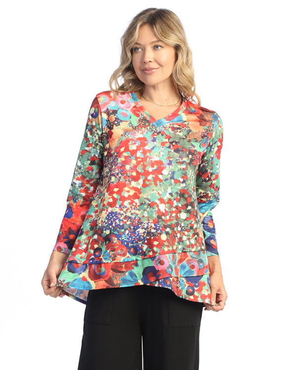 Jess & Jane "Potpourri" V-Neck Top with Tulip Hem - PS6-1978