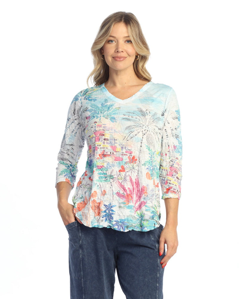 Jess & Jane "Seaside" Rayon Burnout Crushed V-Neck Round Hem Top - RC3-2054