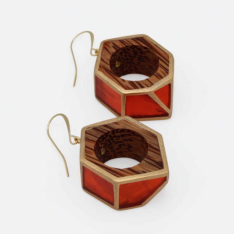 Orange Geo Hexagon Earring