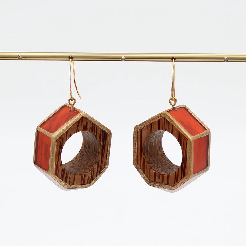 Orange Geo Hexagon Earring
