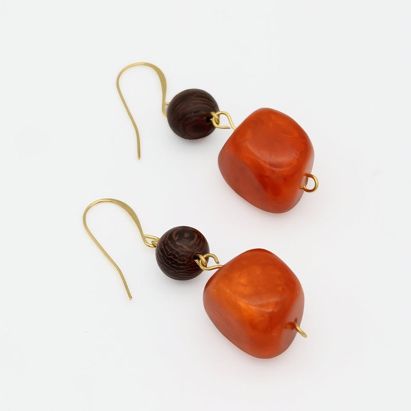 Orange Resin and Wood Drop Earrings
