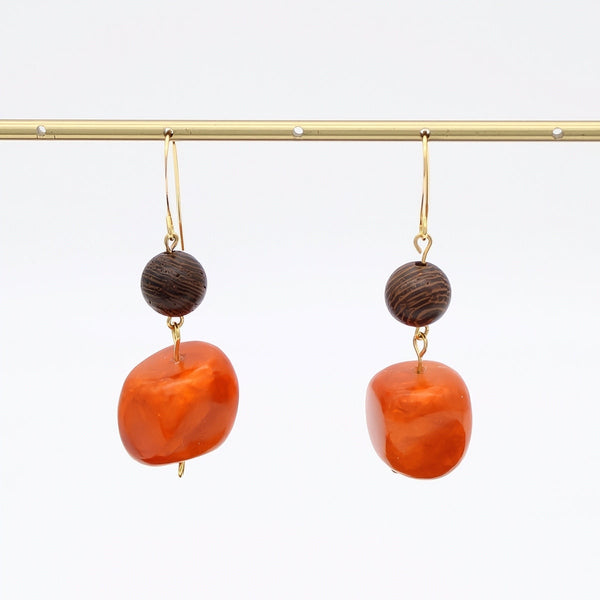 Orange Resin and Wood Drop Earrings