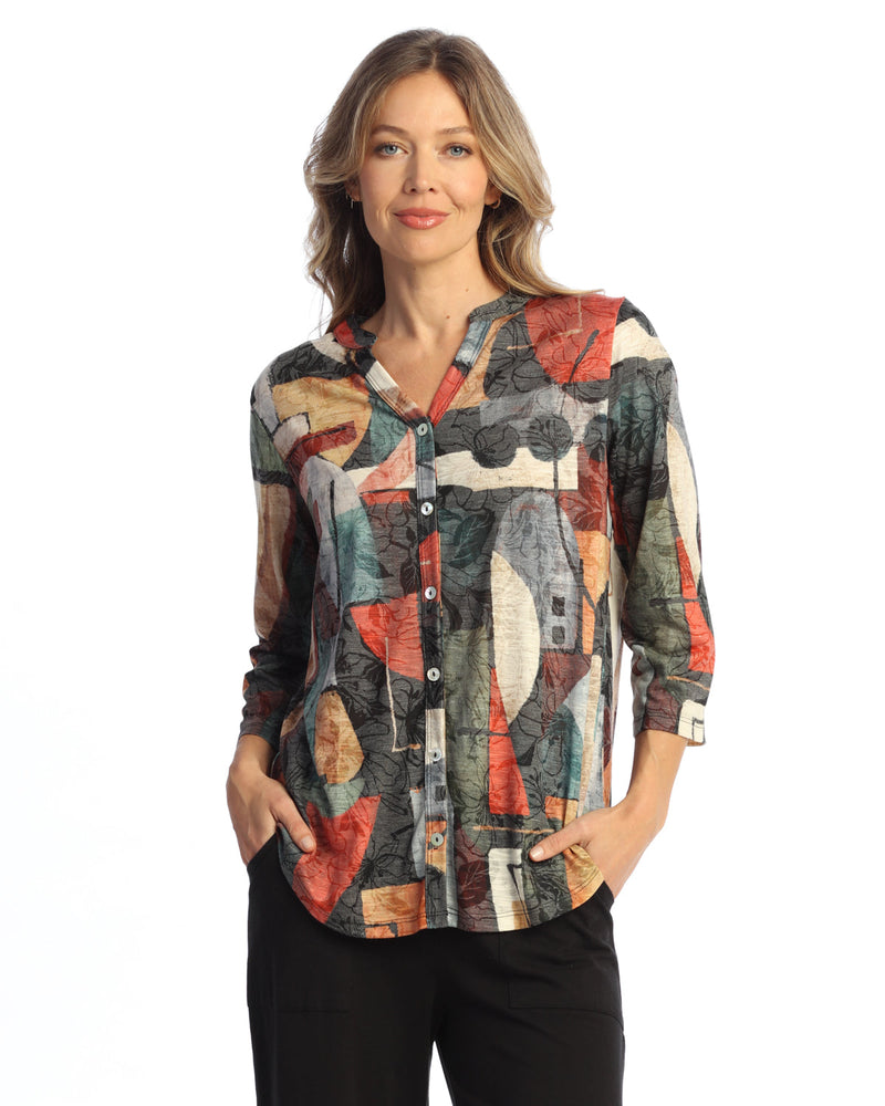 "Cubism" Mandarin Collar Button Down Shirt - SG2-2138